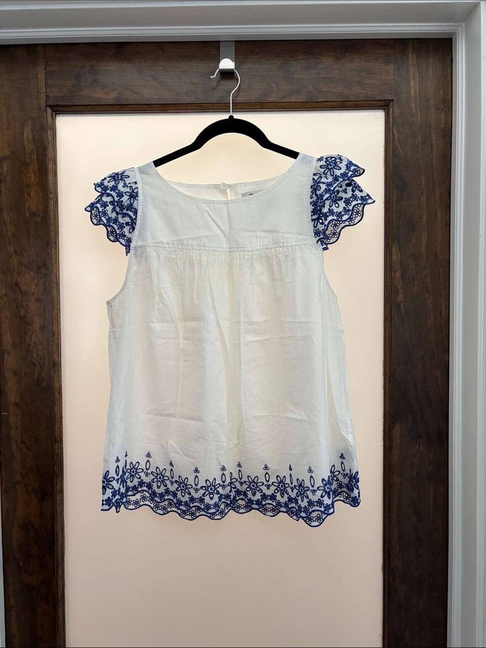 Madewell White Sleeveless Blouse with Blue Embroidered Trim